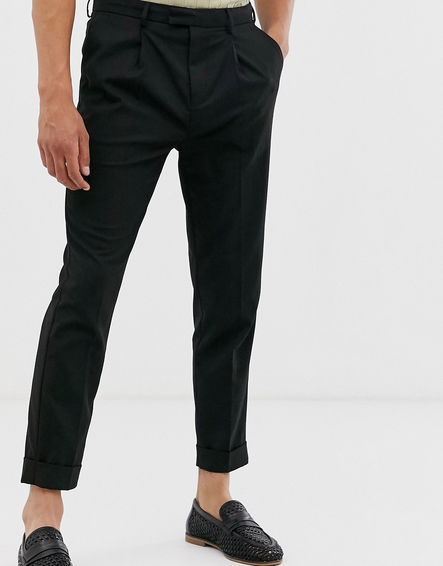 Topman skinny smart trousers in black with turn up hem
