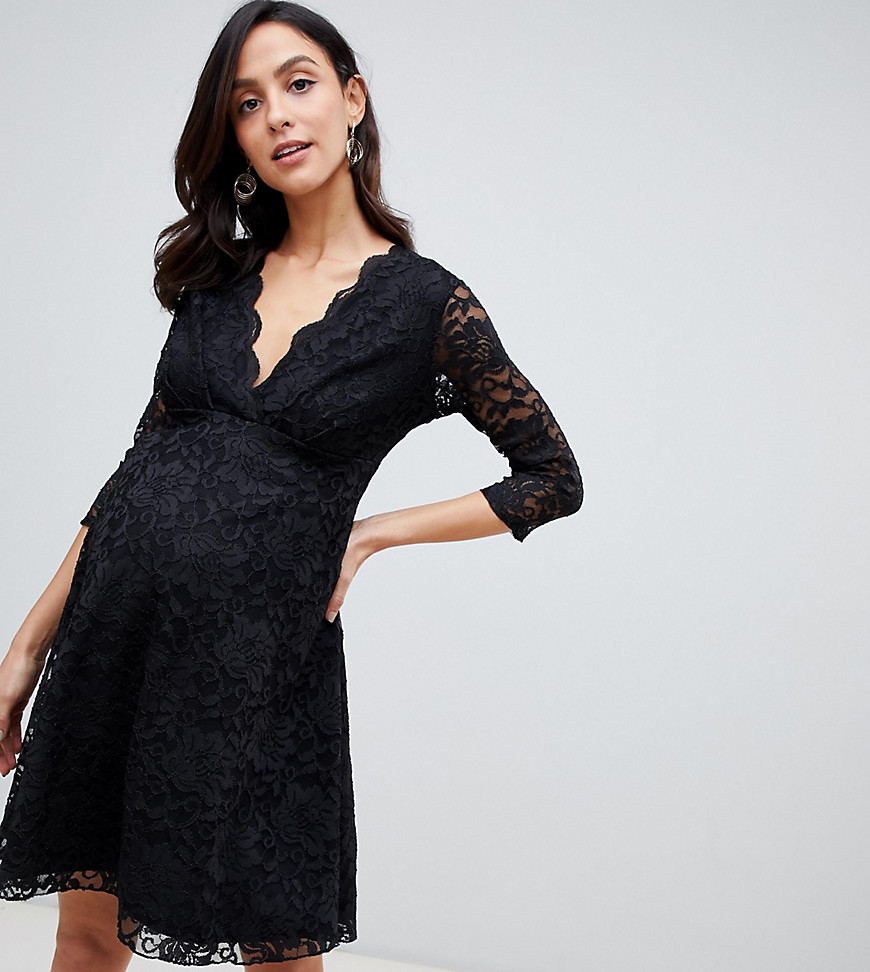 Flounce London Maternity lace dress with 3/4 sleeve in black