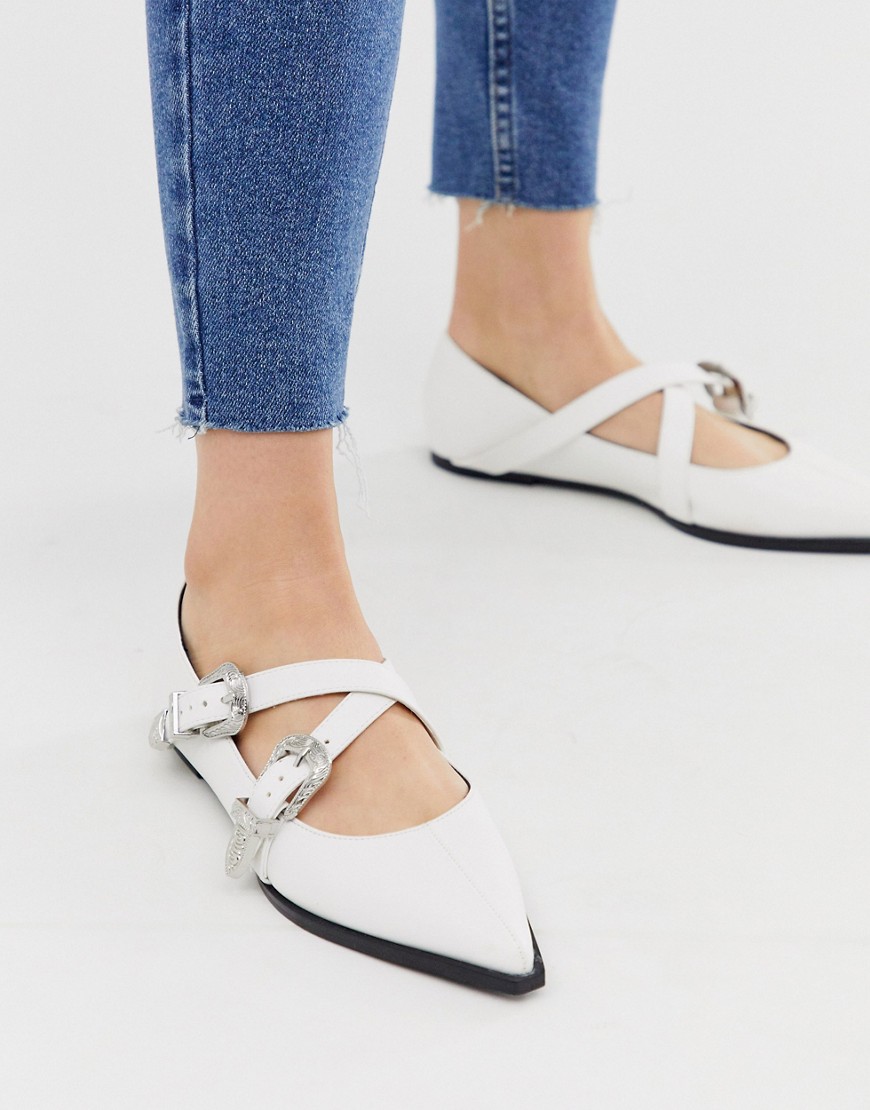 ASOS DESIGN Lexicon pointed western flats with buckle in white