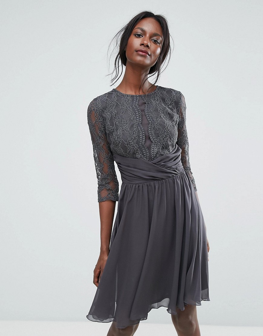 Elise Ryan Ruched Waist Lace Midi Dress With 3/4 Length Sleeve - Dark grey