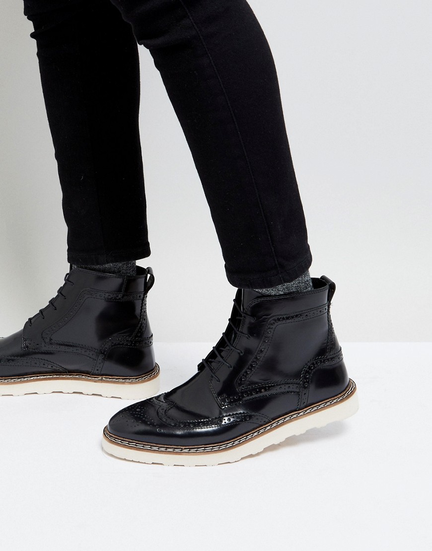 Asos Design Asos Brogue Boots In Black Leather With Contrast Sole