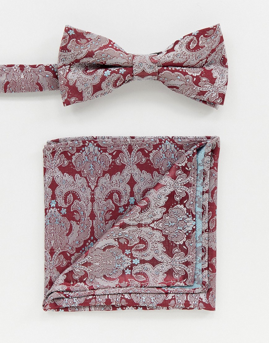 Twisted Tailor bow tie and pocket square set in burgundy paisley jacquard
