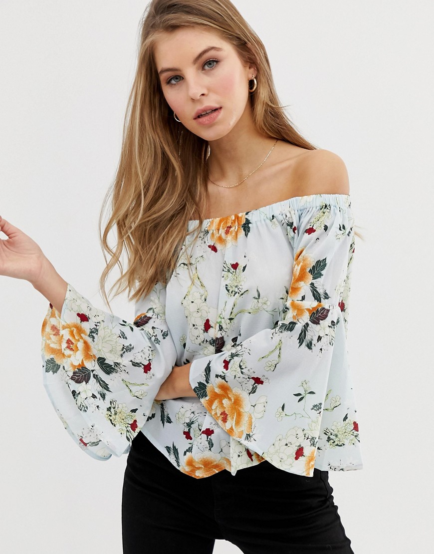 QED London bardot top with fluted sleeve in blue floral