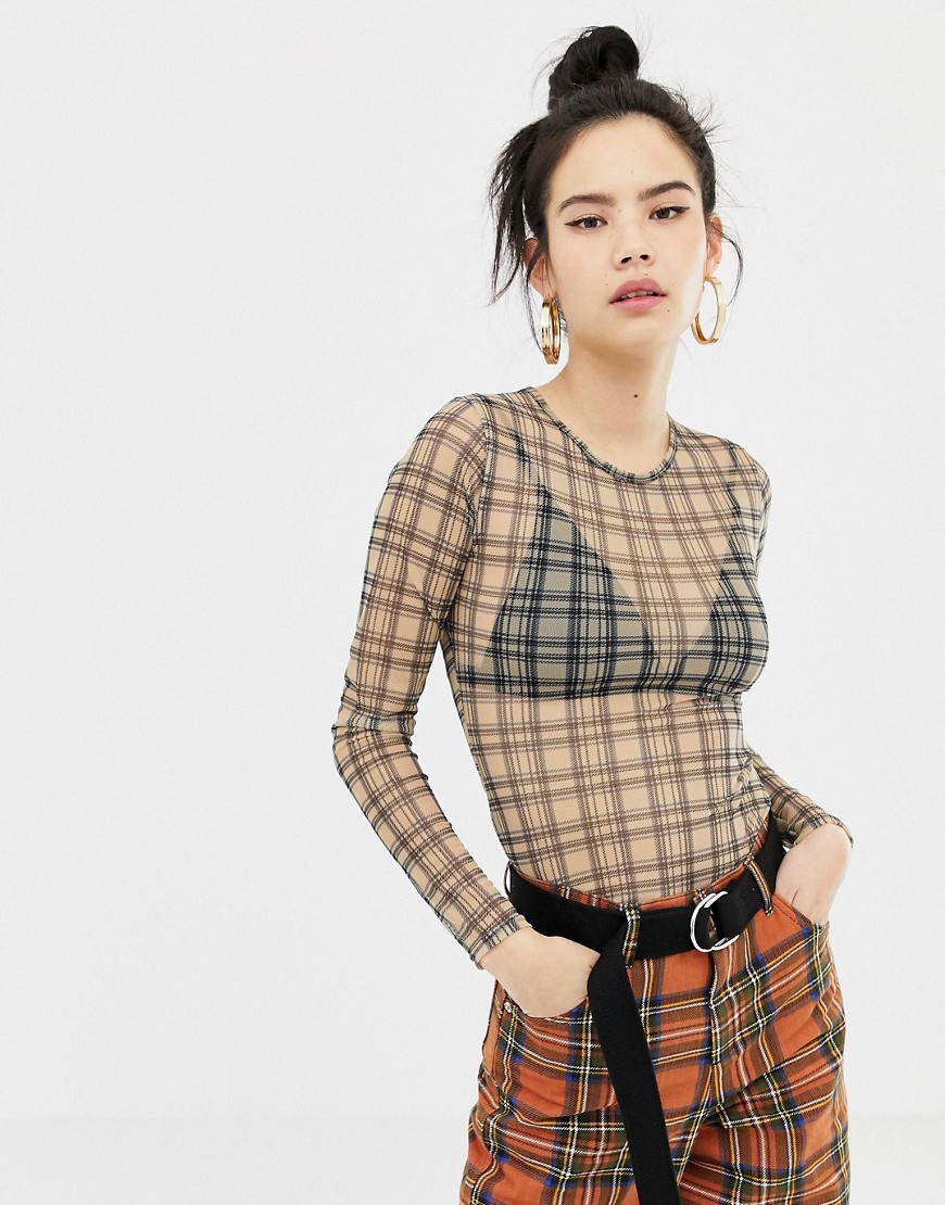 Daisy Street long sleeve top in check mesh