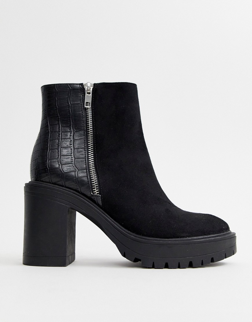 New Look mixed material chunky heeled boot in black