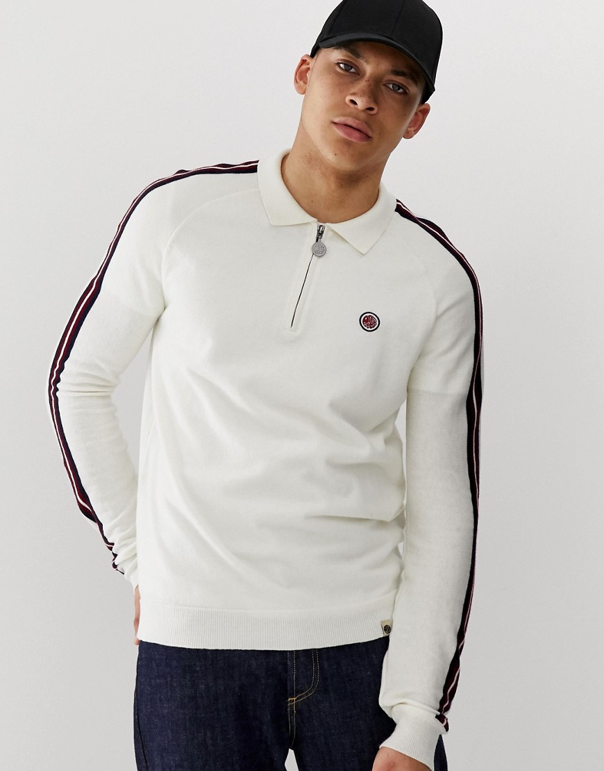Pretty Green zip neck long sleeve knitted polo with side stripe in white