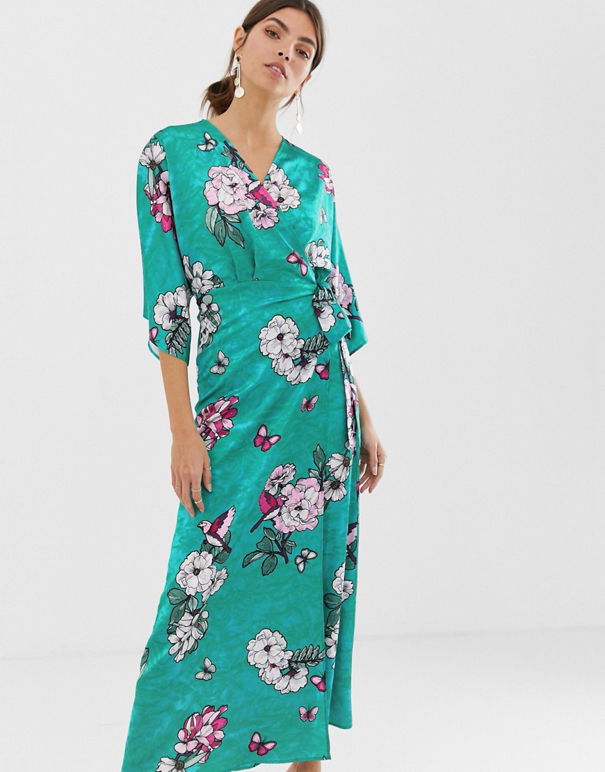 Liquorish kimono sleeve midi dress in green floral print