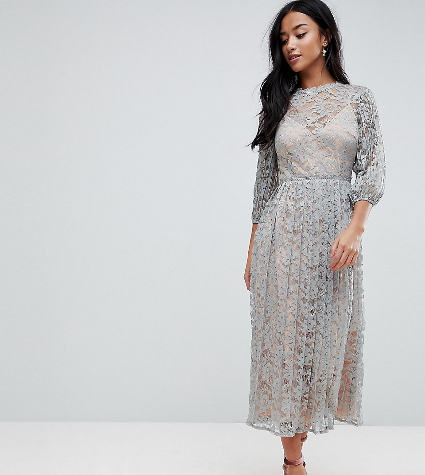 Little Mistress Petite All Over Lace Maxi Dress With Balloon Sleeve Detail