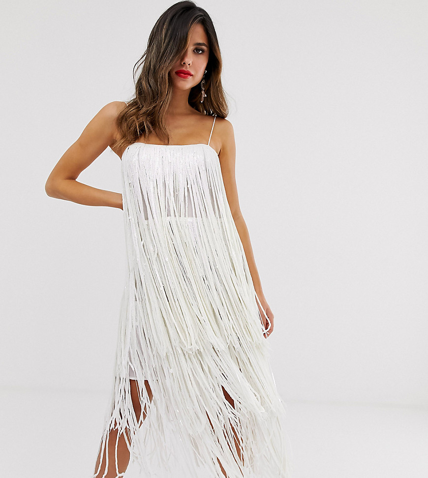 Asos Design Tiered Midi Dress In Fringe Sequin-white
