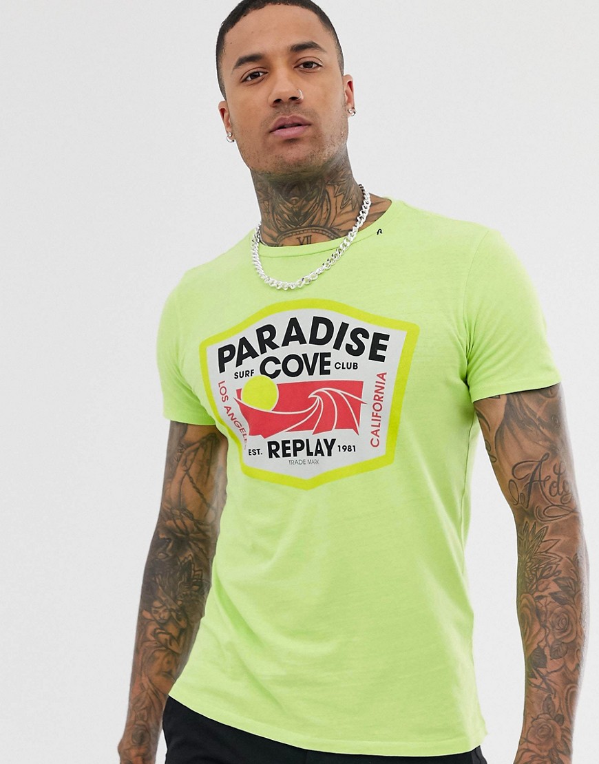Replay Paradise crew neck t-shirt in lime green