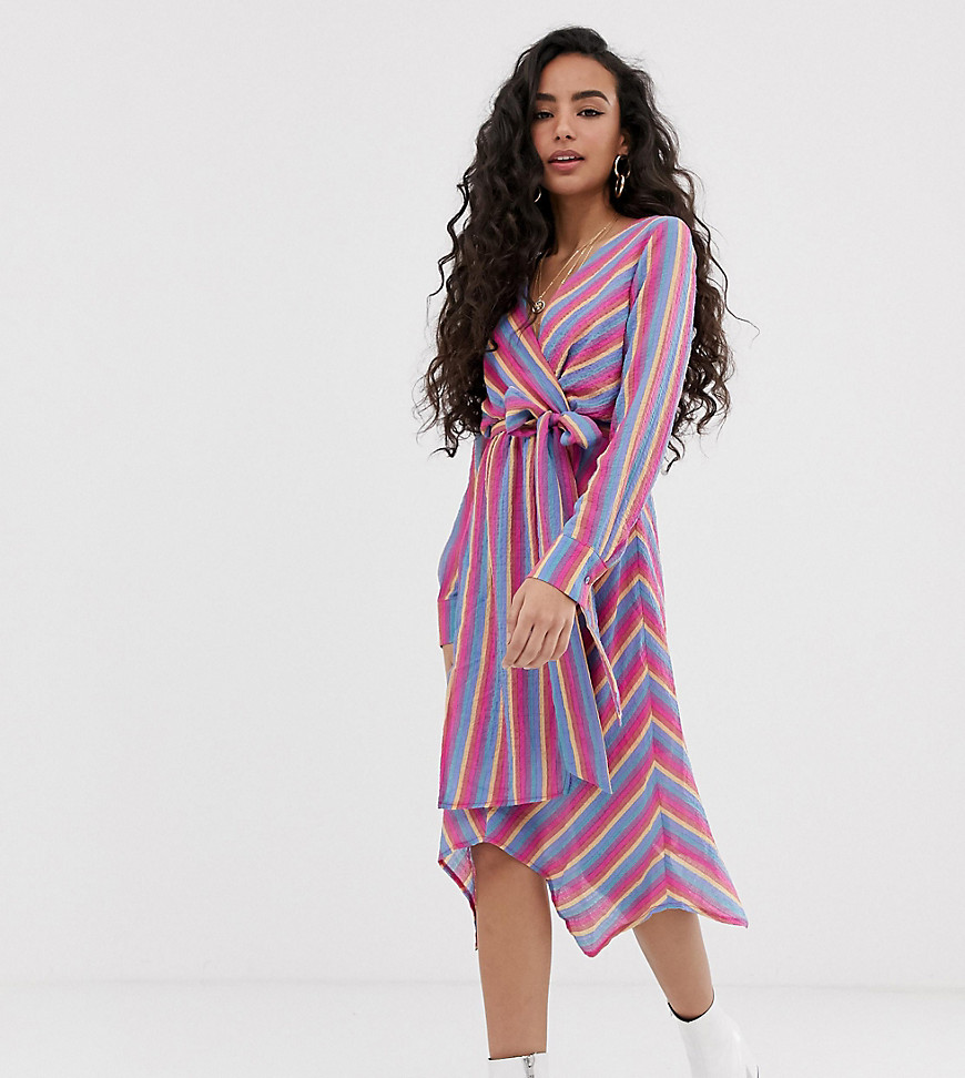 Glamorous Petite wrap front dress with tie waist in bright stripe
