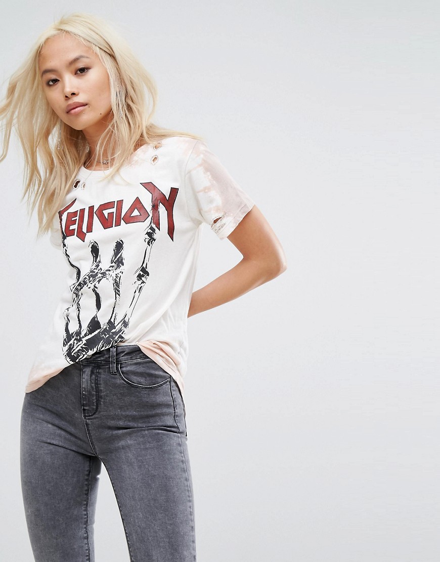 Religion Relaxed T-Shirt With Rock Graphic And Distressing - Ashes of roses