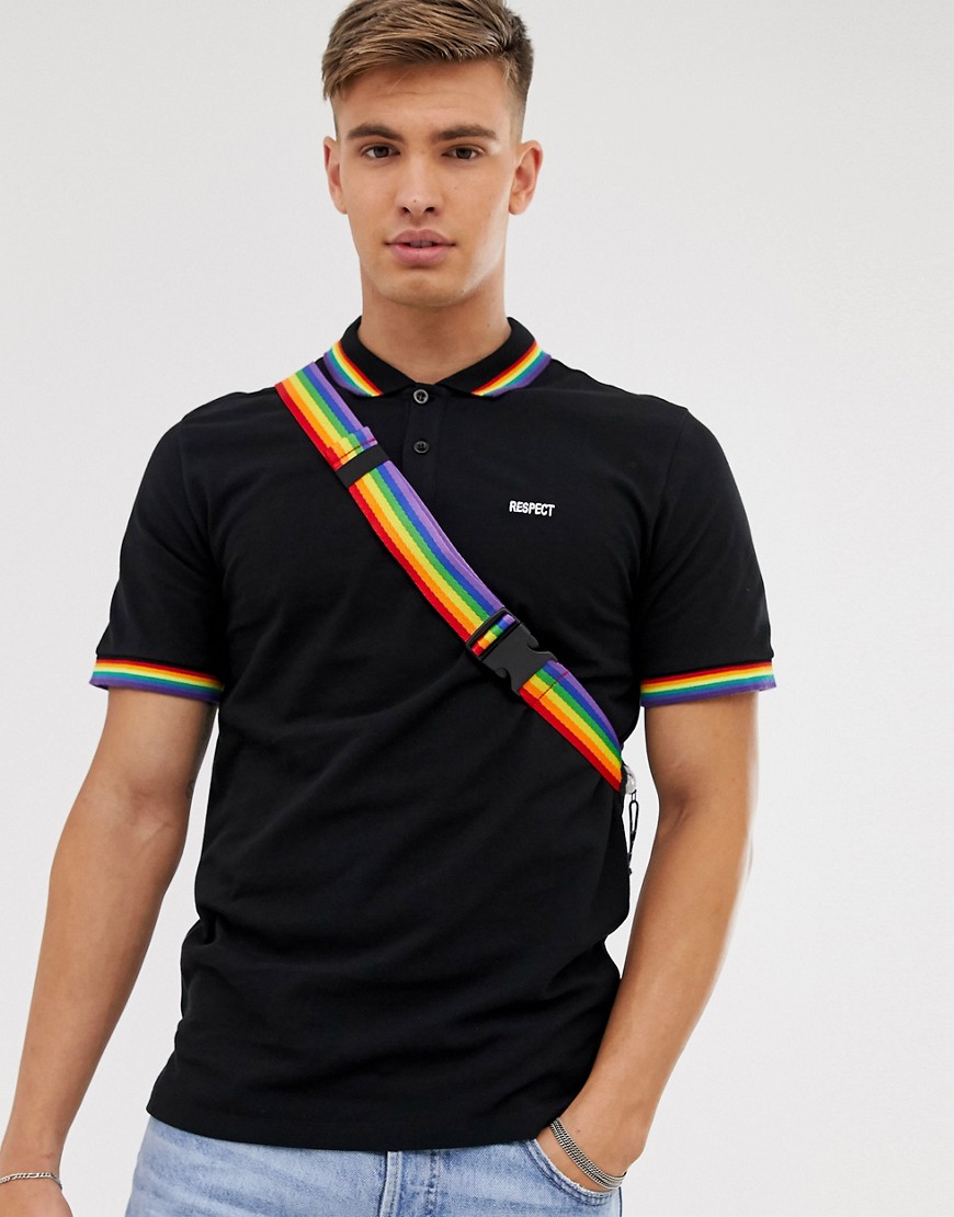 Only & Sons rainbow tipped logo polo in black