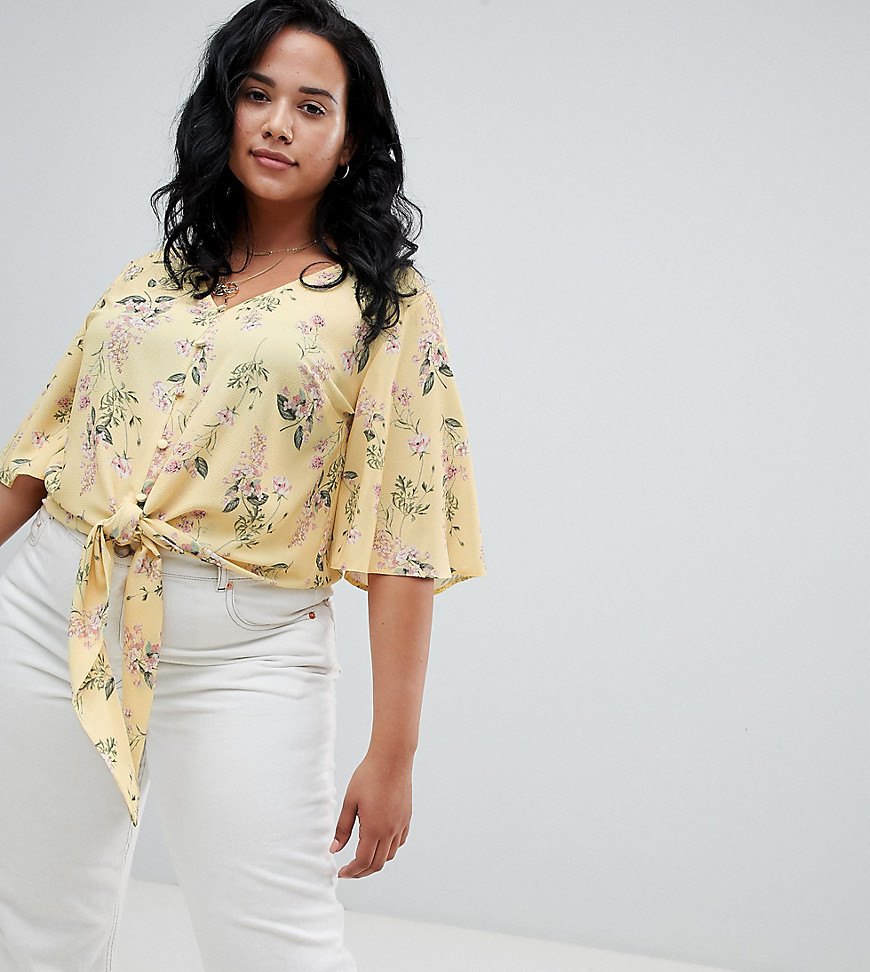 New Look Curve tie front button down blouse in yellow - Yellow
