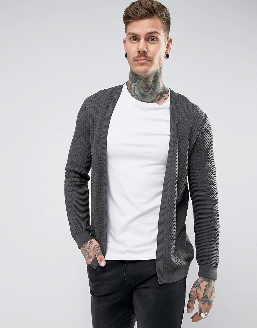 Asos Design Lightweight Cable Cardigan In Charcoal - Gray | ModeSens