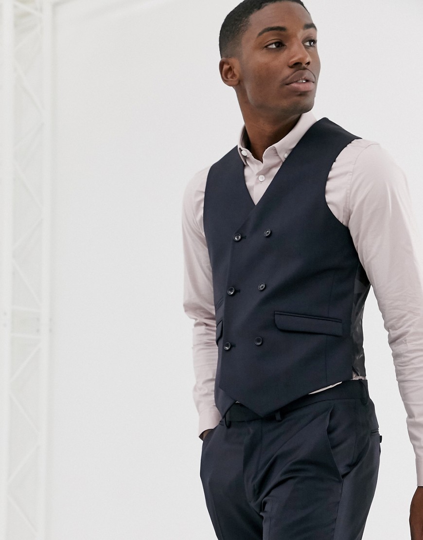 Asos Design Wedding Slim Suit Vest In Navy 100% Wool | ModeSens
