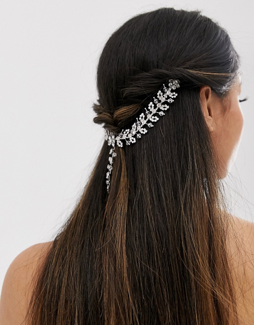 ASOS DESIGN back hair chain with crystal leaf detail in silver tone