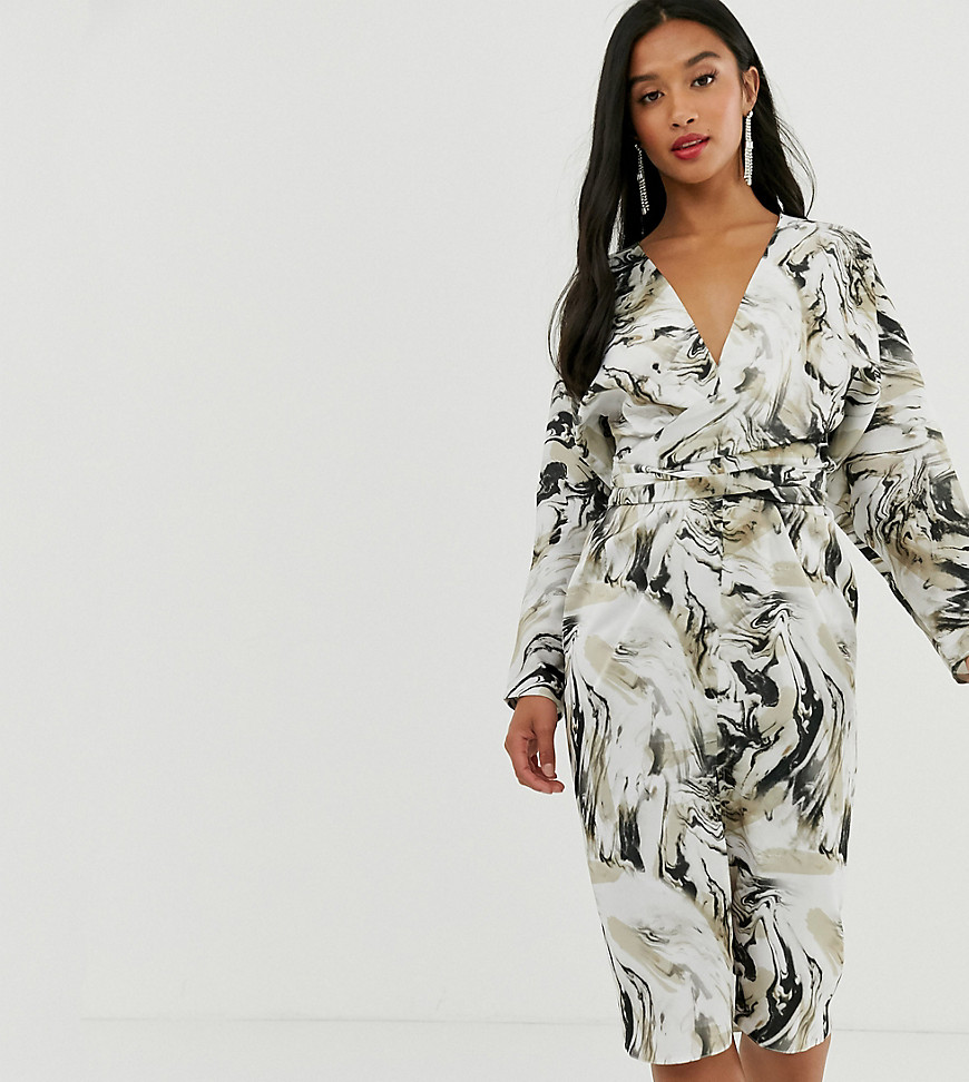 ASOS DESIGN Petite midi dress with batwing sleeve and wrap waist in satin in abstract print