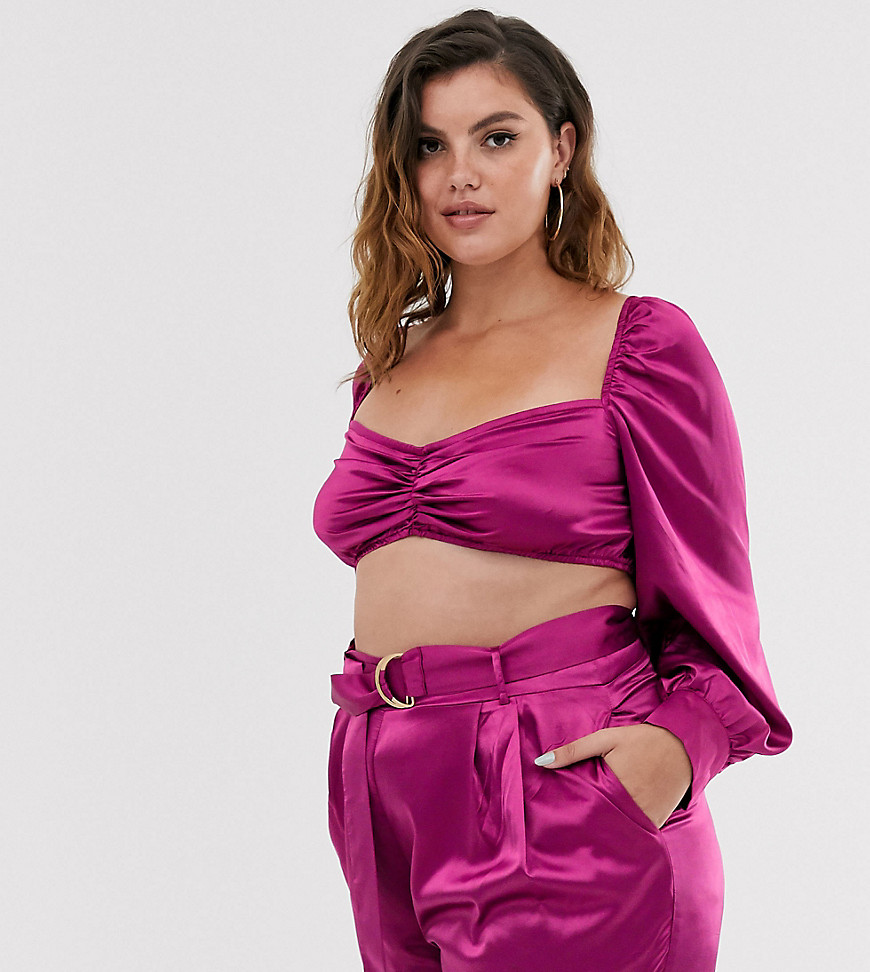 In The Style Plus satin button front bardot crop top in raspberry
