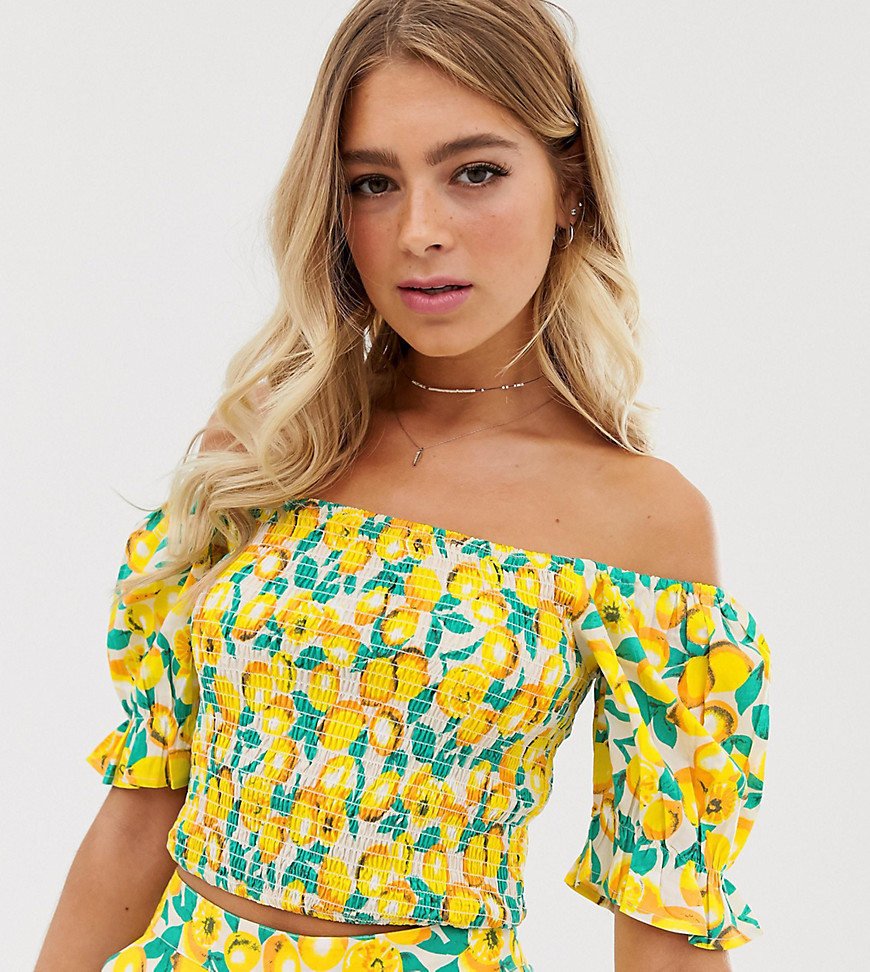 Wednesday's Girl off shoulder top with shirring in lemon print co-ord