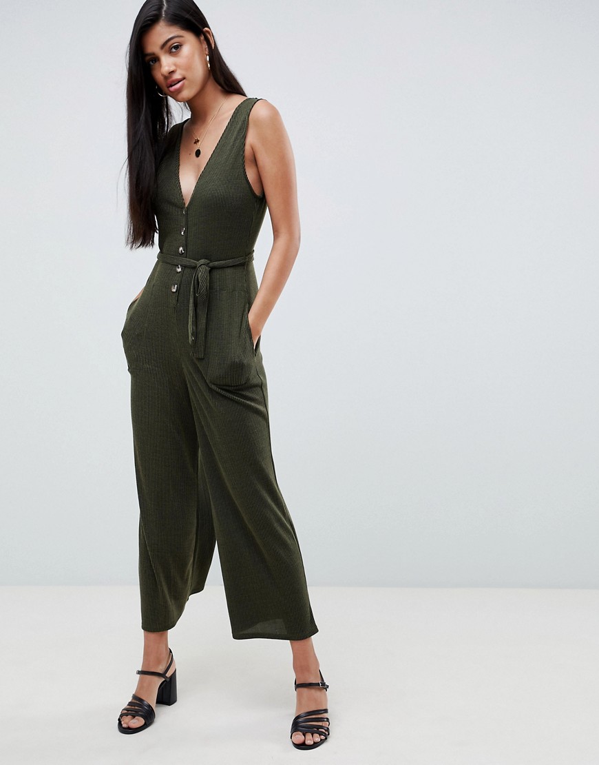 ASOS DESIGN V neck jumpsuit with button front in slouchy rib