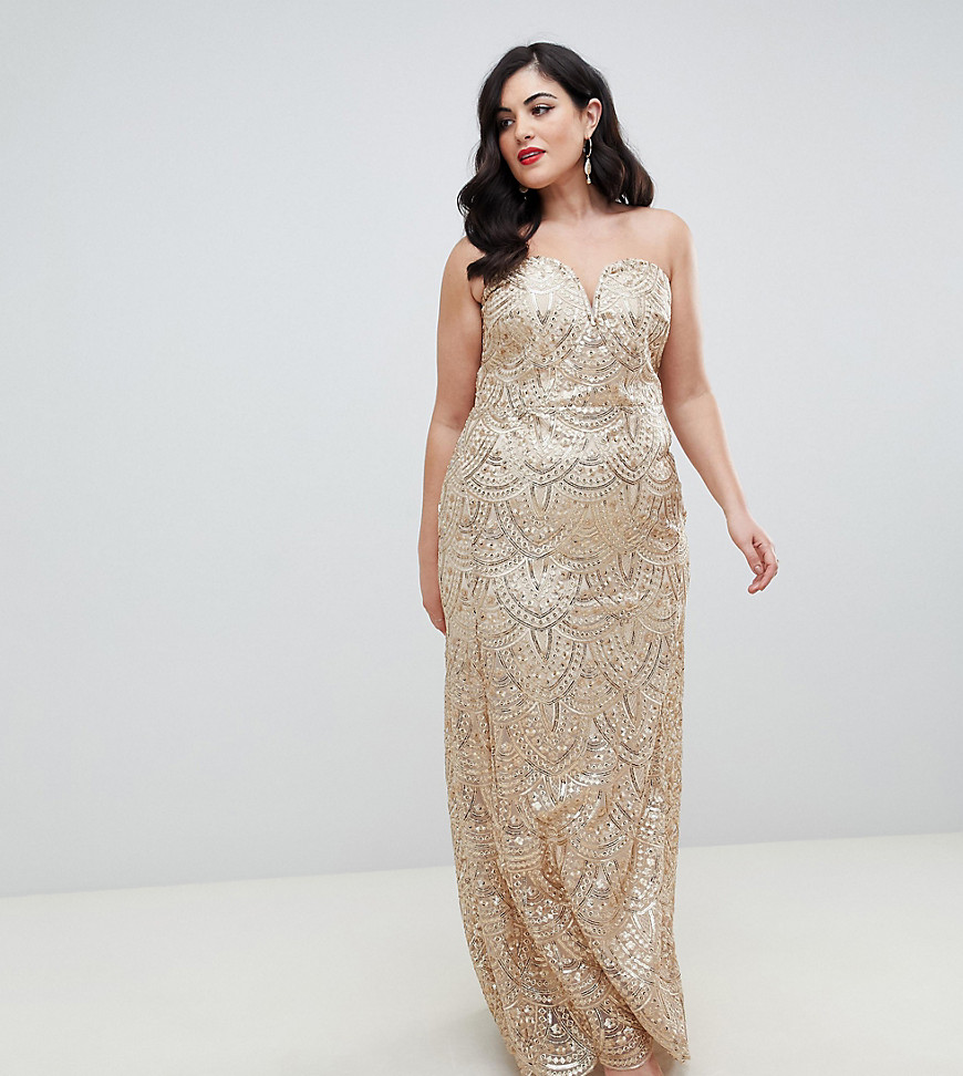 TFNC Plus patterned sequin bandeau maxi dress in gold