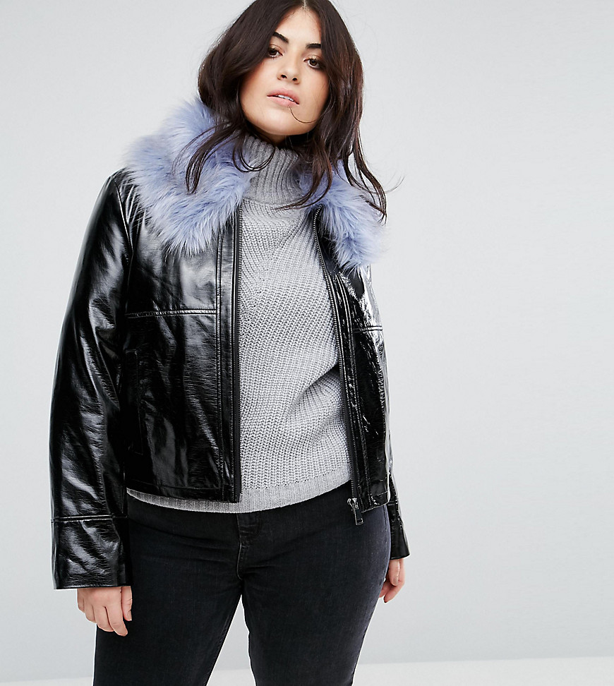 Urbancode Plus Vinyl Hi Shine Coat With Faux Fur Collar - Black