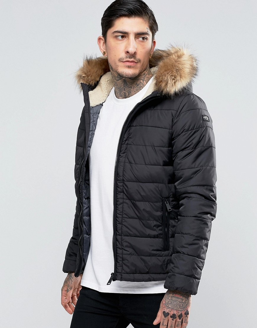 Schott Quilted Padded Hooded Jacket Detachable Faux Fur Trim