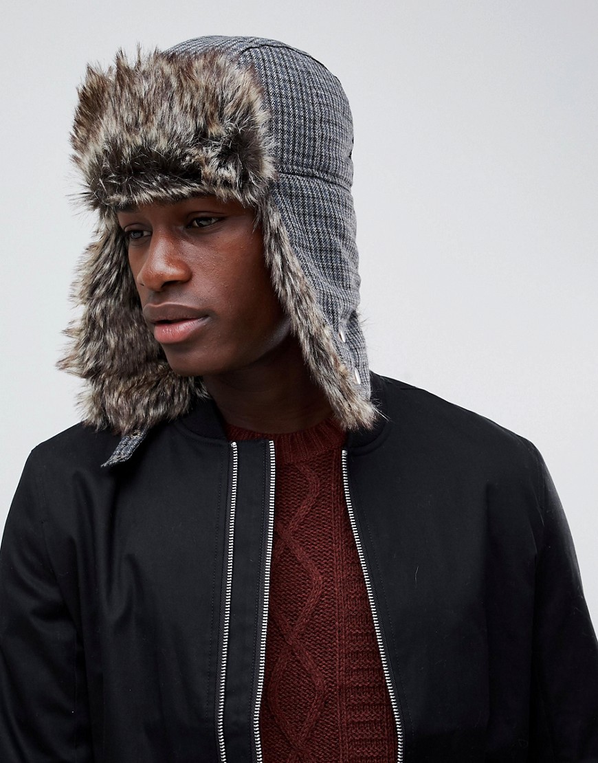 New Look trapper hat in grey and brown check - Brown pattern