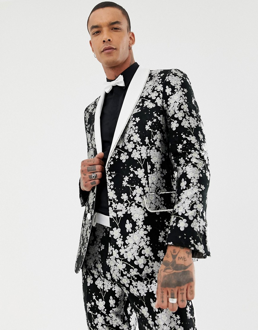 ASOS EDITION slim tuxedo suit jacket in monochrome floral jacquard