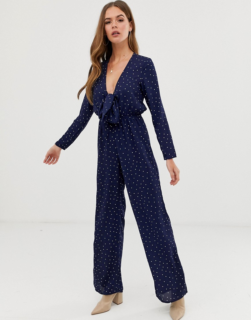 In The Style tie front polka dot jumpsuit