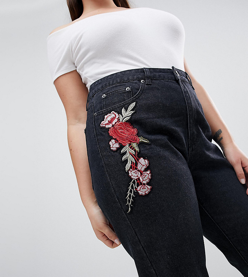 Liquor N Poker Plus Boyfriend Jean with Stepped Hem and Rose Embroidery