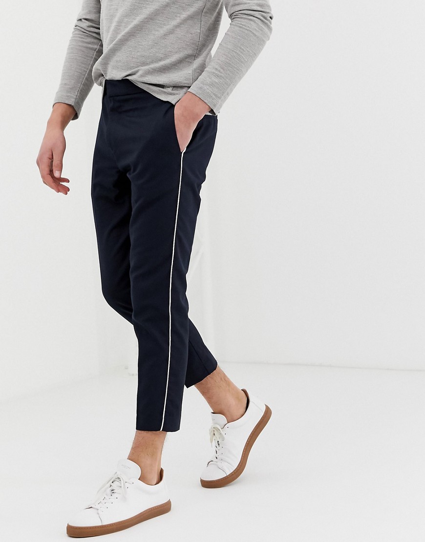 New Look slim fit smart trousers with side piping in navy