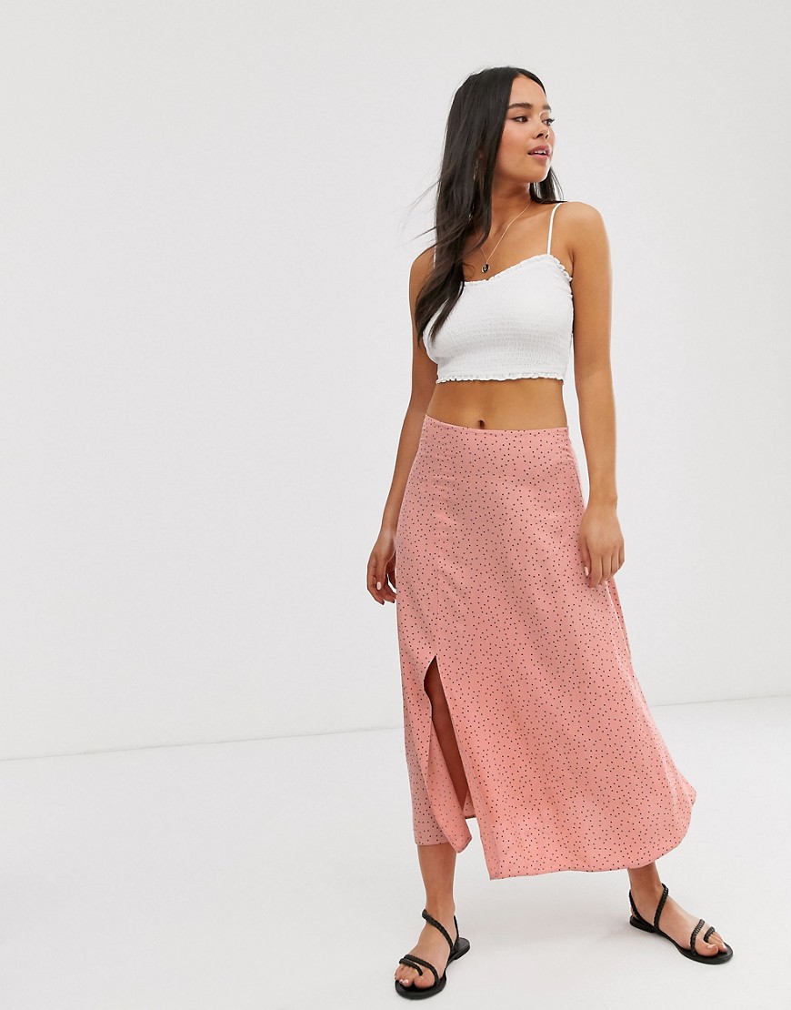 New Look split midi skirt in pink polka dot