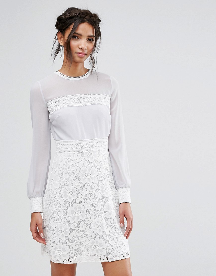 Elise Ryan Long Sleeve Mini Dress With Corded Lace Skirt - Grey/white