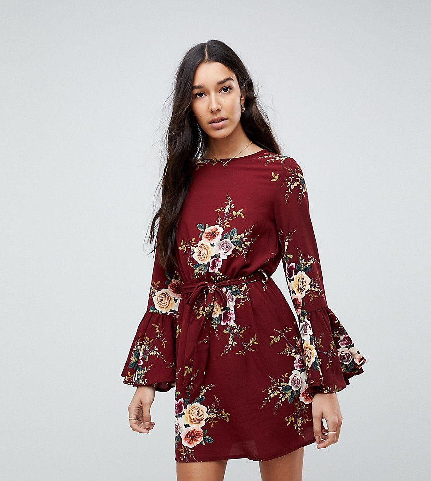 Parisan Tall High Neck Floral Dress With Tie Waist and Flare Sleeve - Wine