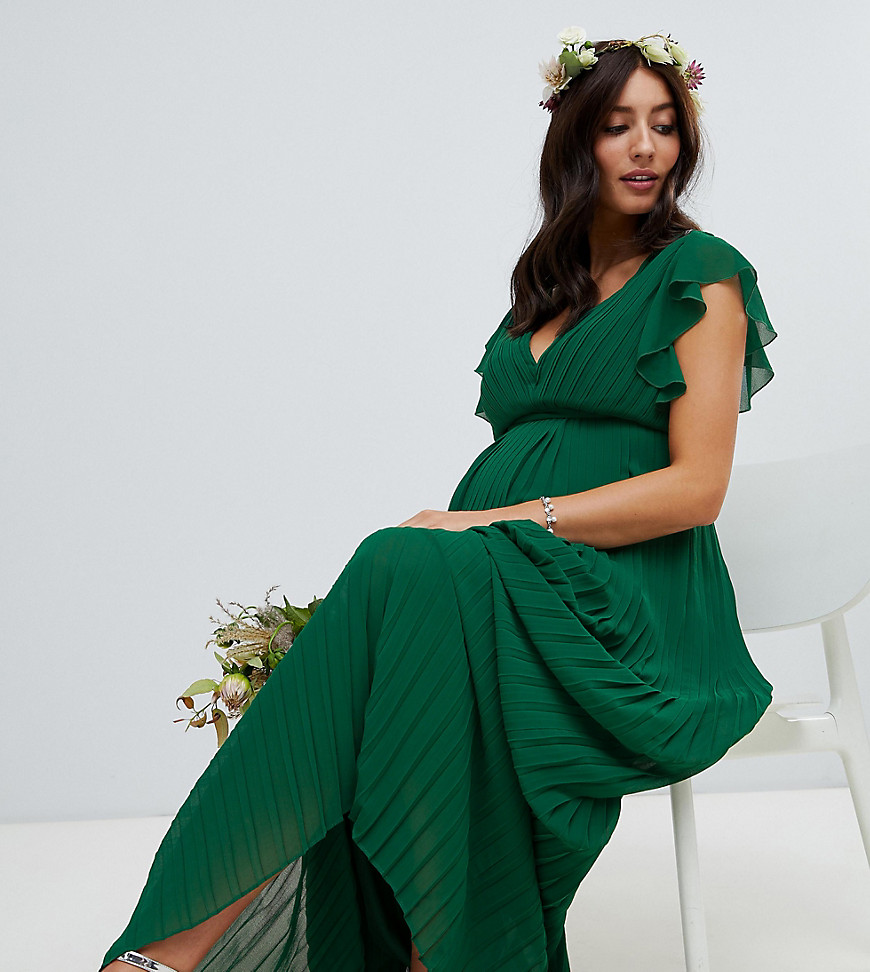TFNC Maternity flutter sleeve bridesmaid maxi dress with pleated skirt in forest green - Forest green