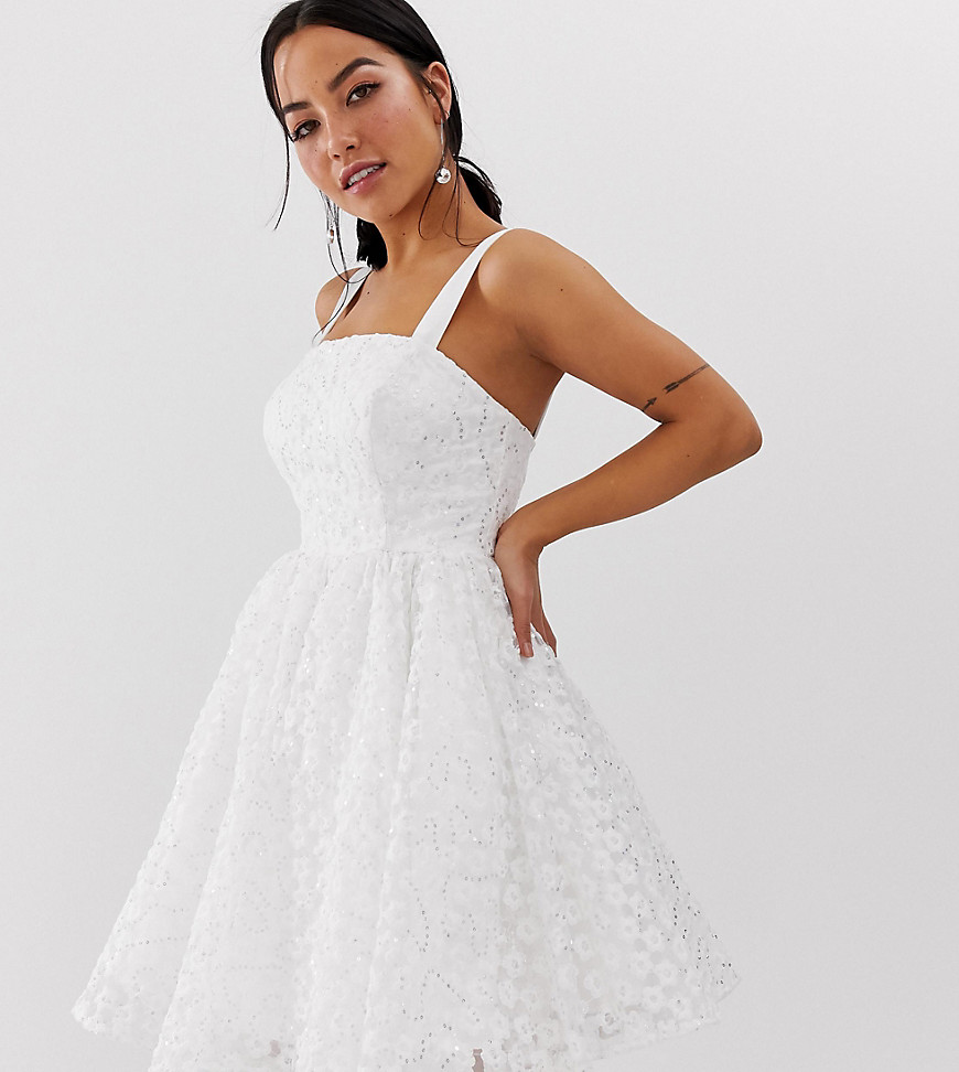 Dolly & Delicious Petite square neck textured mini prom dress in white