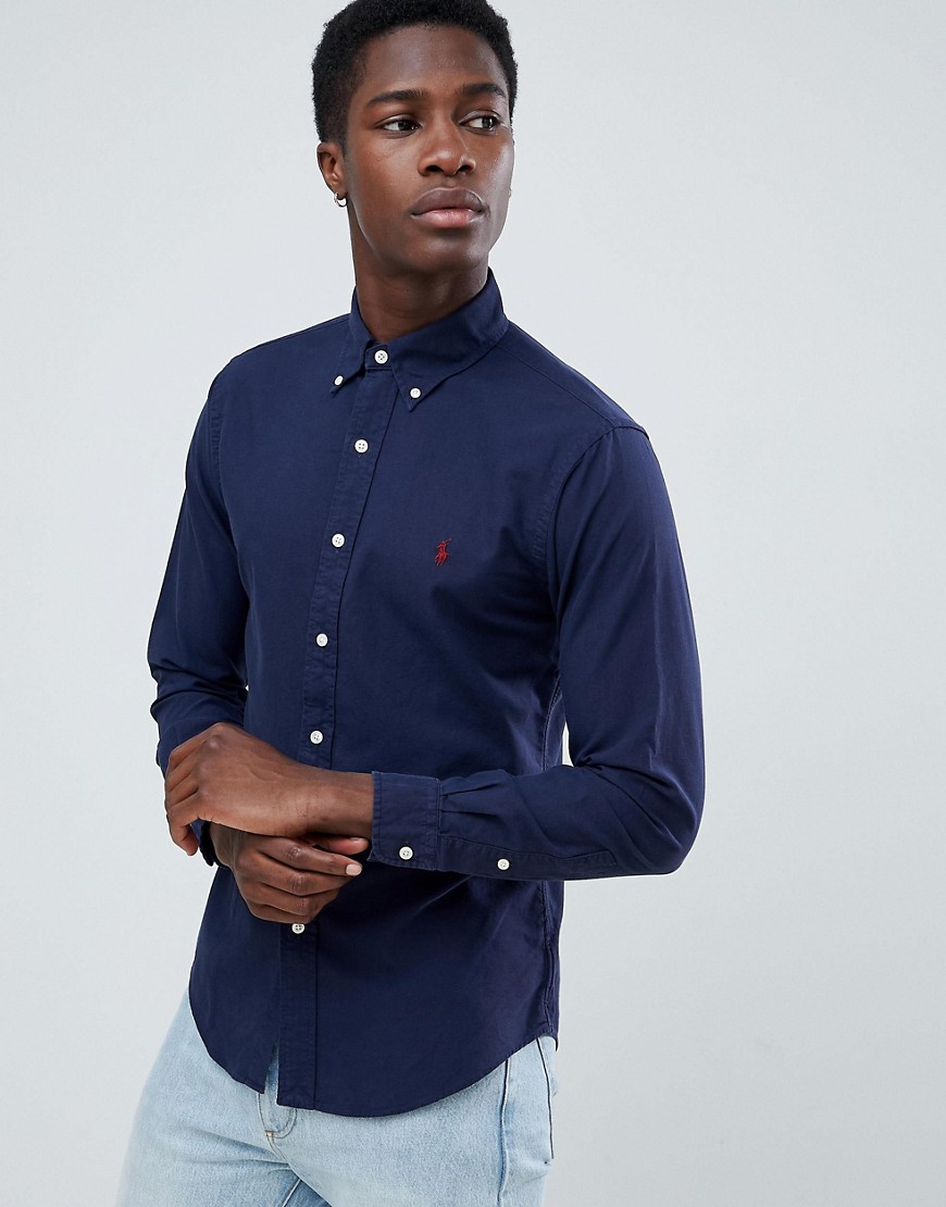 Polo Ralph Lauren slim fit garment dyed shirt player logo button down in navy