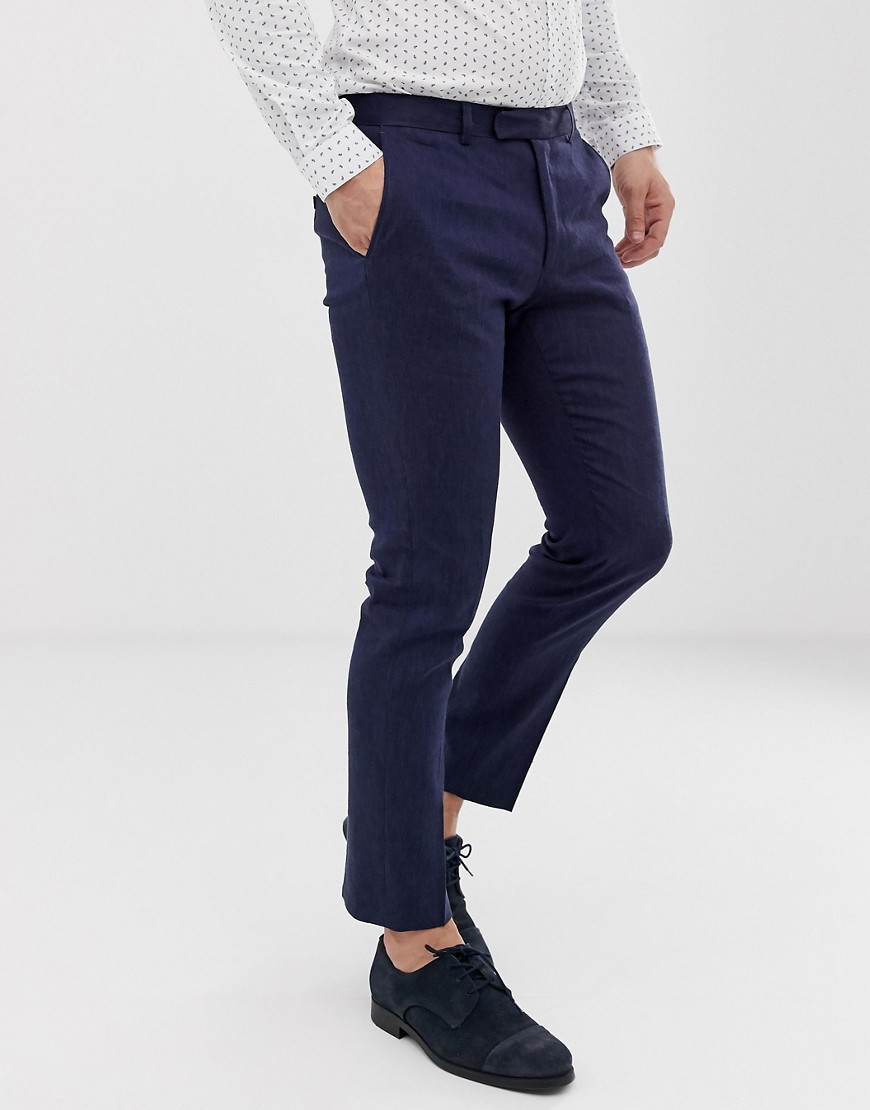 Moss London slim suit trouser in navy linen with stretch