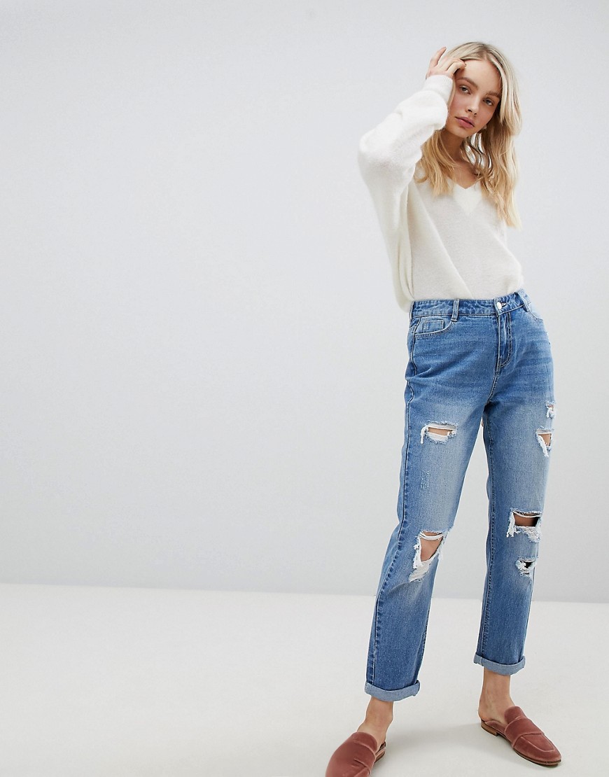 Urban Bliss Distressed Mom Jeans in Light Wash - Light wash blue