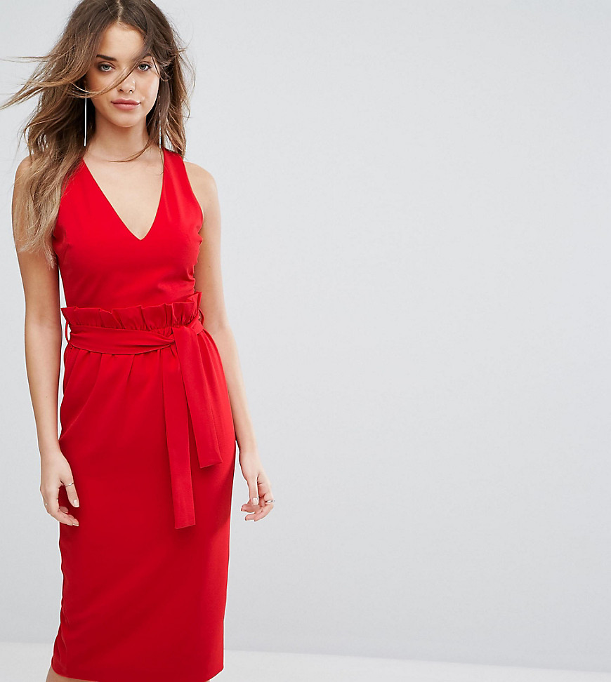Lavish Alice Midi Dress With Paper Bag Waist Detail - Red