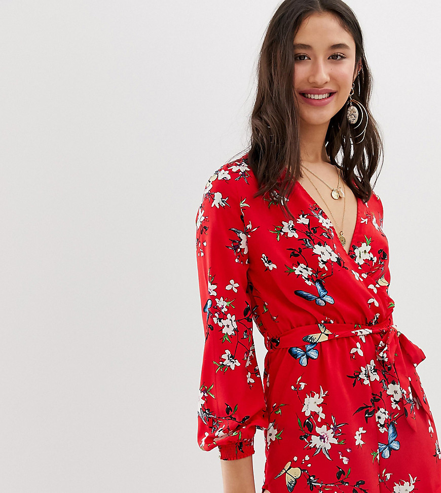 Parisian Tall long sleeve tie waist playsuit in red floral print