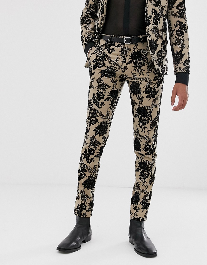 Twisted Tailor super skinny suit trouser with floral flocking in tan