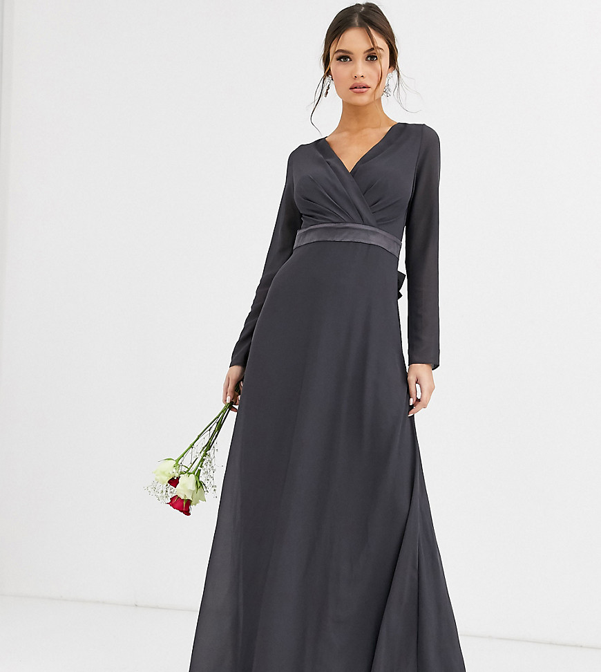 TFNC Bridesmaid long sleeve maxi dress with satin bow back in grey