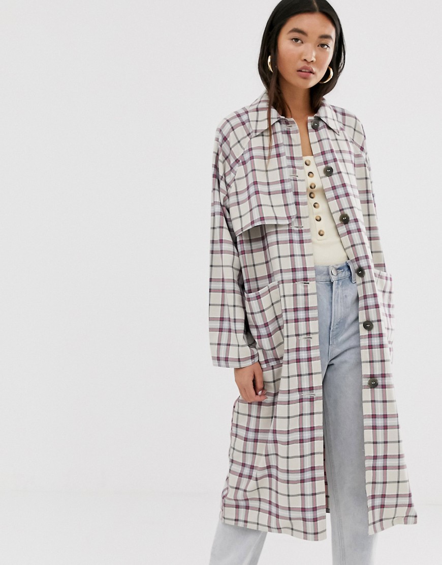 Monki check lightwieght coat in beige and pink