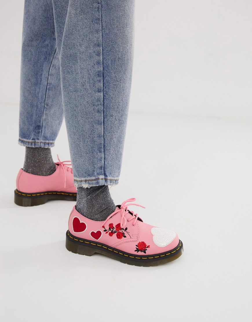 Dr Martens 1461 embroidered heart leather flat shoes in pink