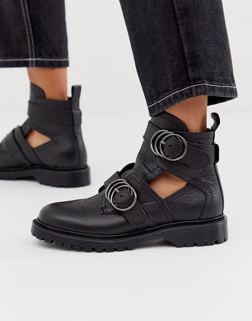 Bronx leather flat buckle strap boots in black