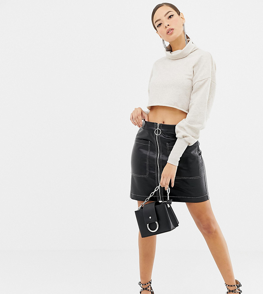 Boohoo circle zip faux leather skirt in black