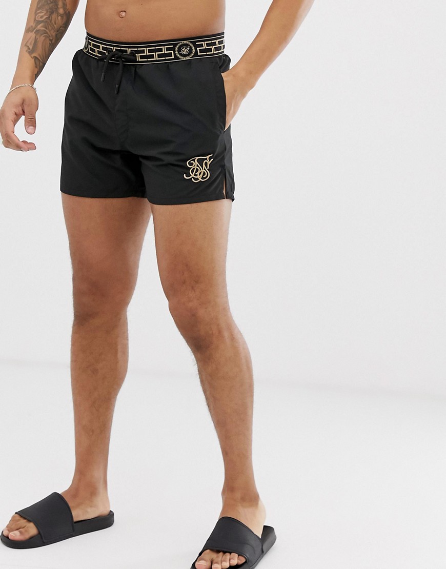 SikSilk co-ord swim shorts in black with gold detailed waistband